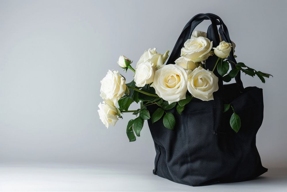 Black fabric tote bag rose handbag flower.