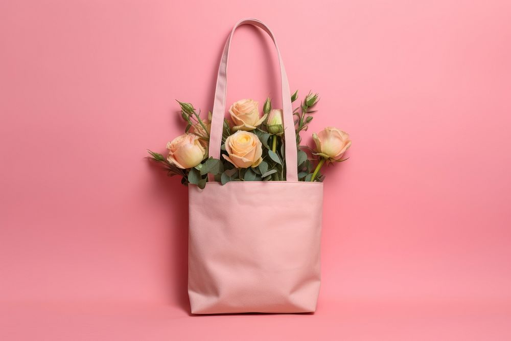 Pink fabric tote bag with roses in side handbag flower purse.