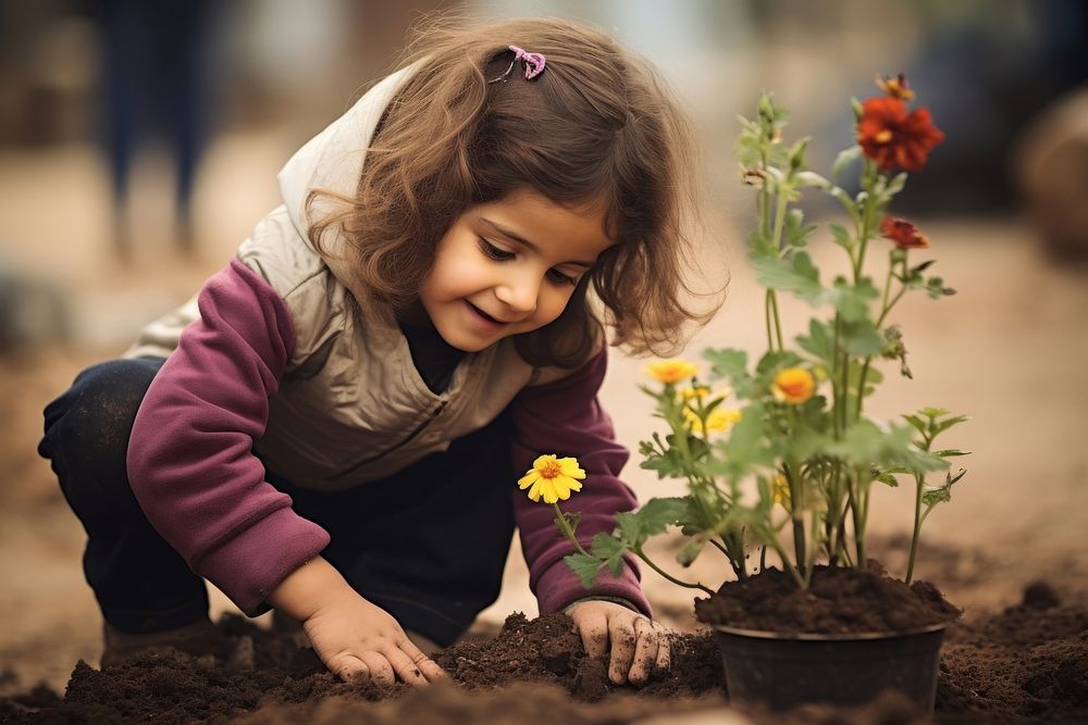 Middle eastern kid planting gardening outdoors.