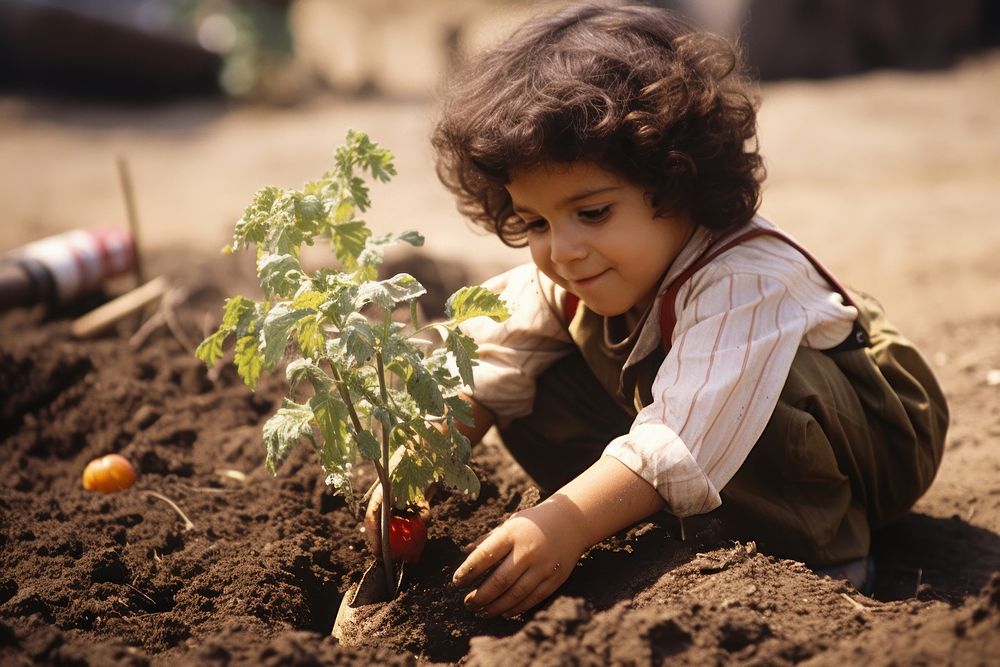 Middle eastern kid gardening planting outdoors.