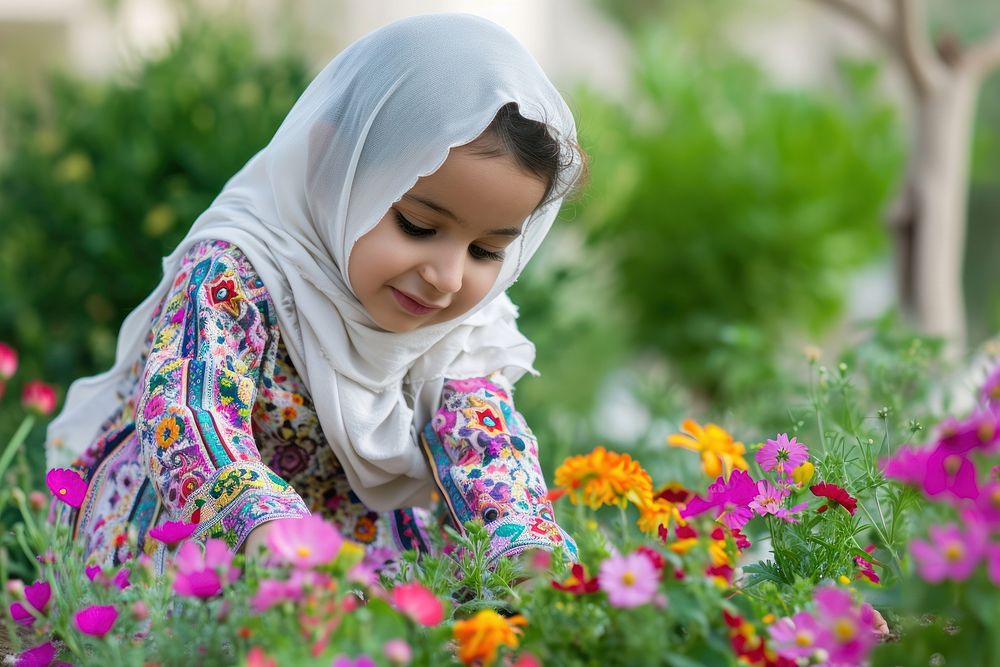 Saudi Arabian girl flower plant outdoors.