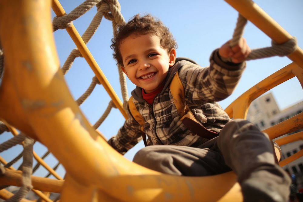 Palestinian kid playground portrait outdoors.