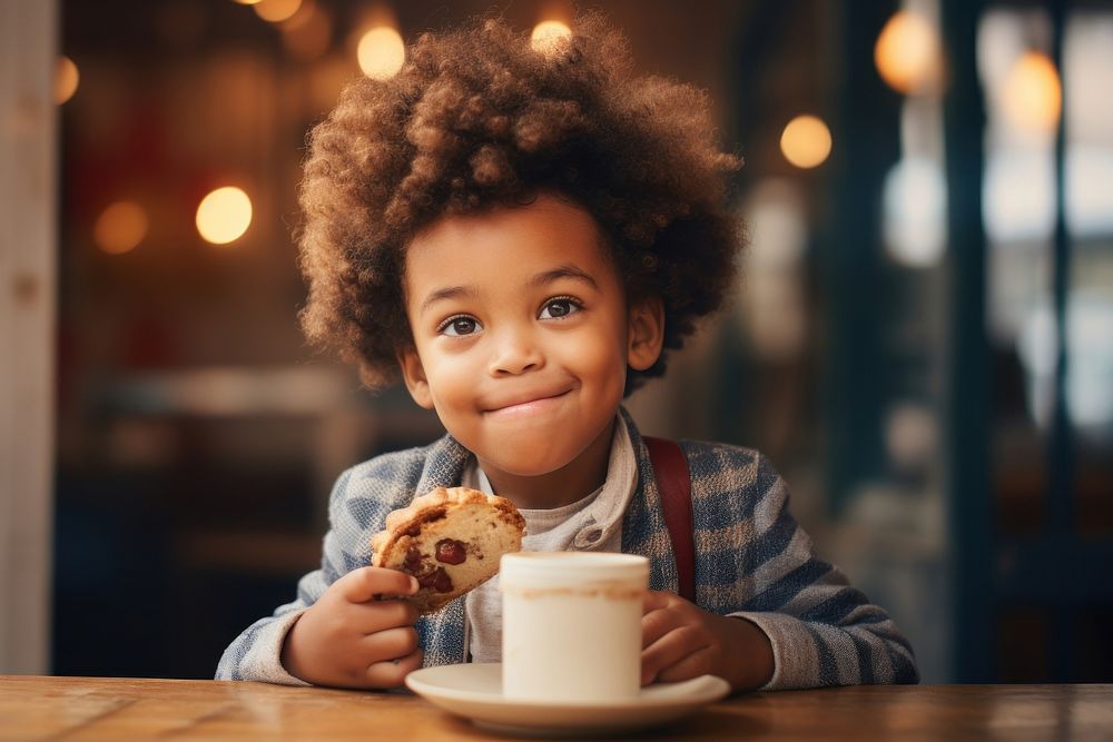 African American little boy food portrait coffee.