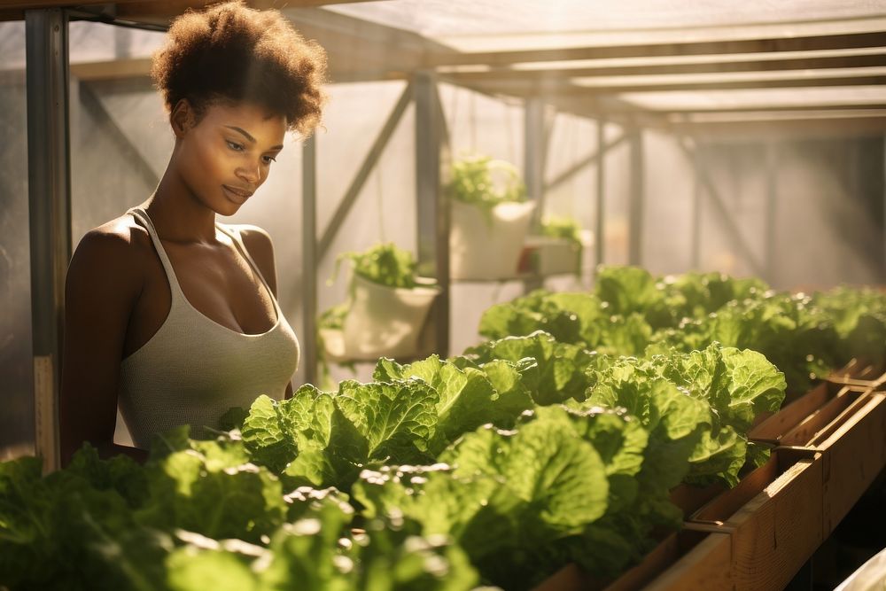 African American woman lettuce food greenhouse.