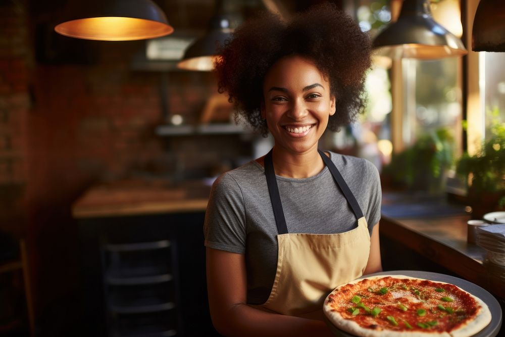 African American woman pizza food adult.
