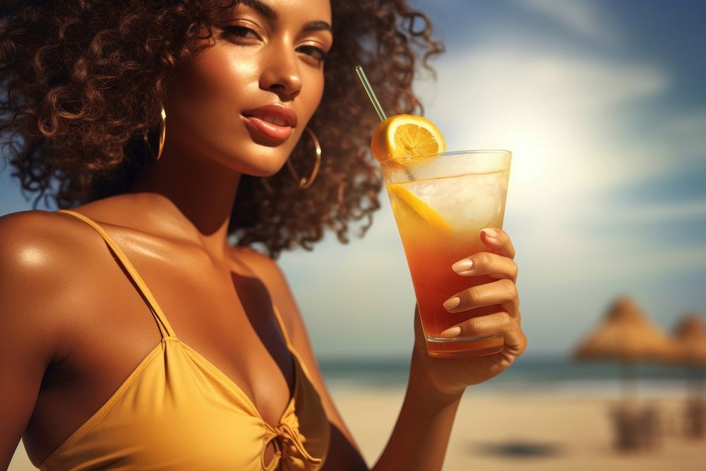 African American woman cocktail portrait outdoors.