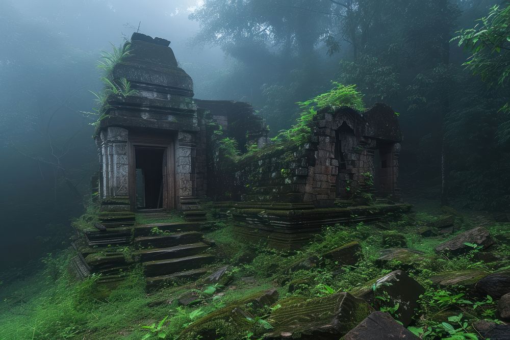 Temple in jungle ruins old fog.