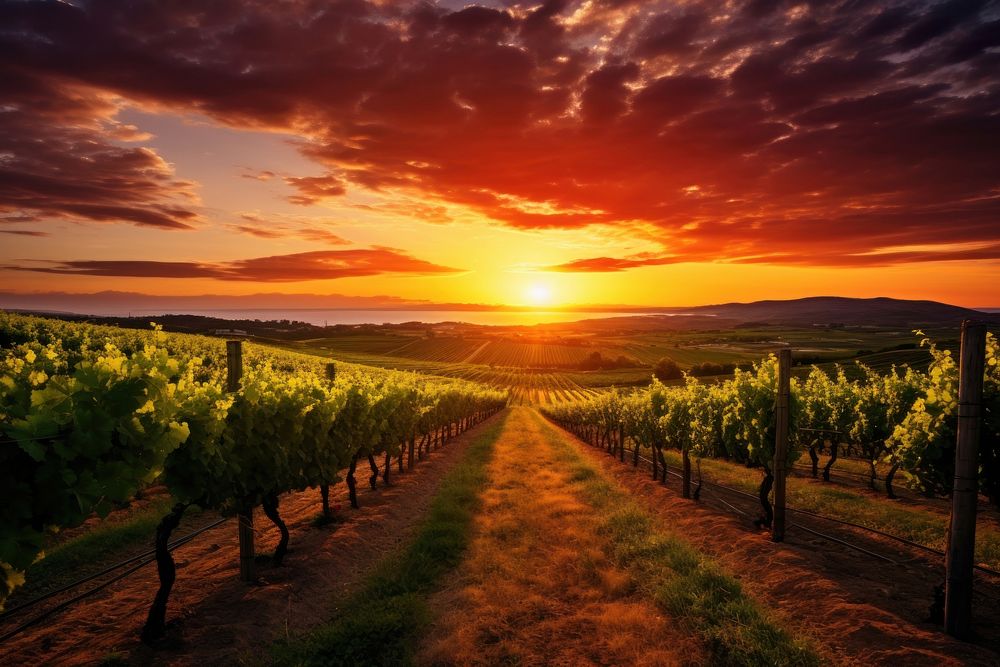 Wine vineyard at sunset outdoors nature farm.