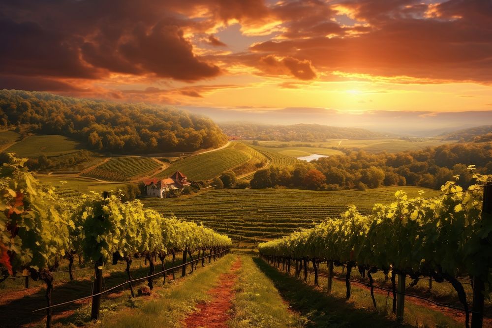 Wine vineyard at sunset outdoors nature farm.