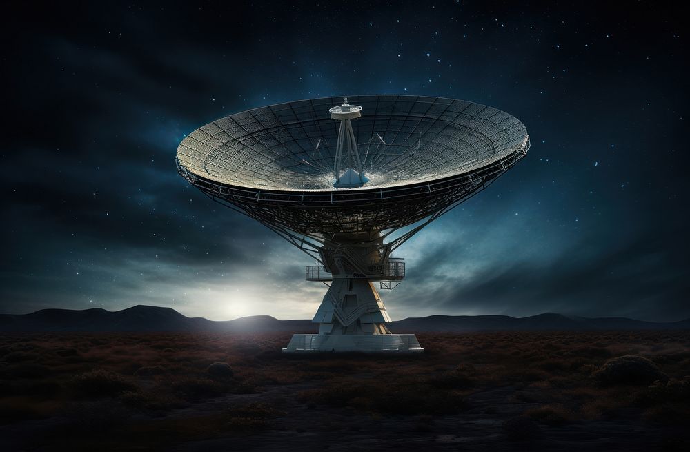 Large reflector antenna is sitting in front of a dark sky star architecture broadcasting. AI generated Image by rawpixel.