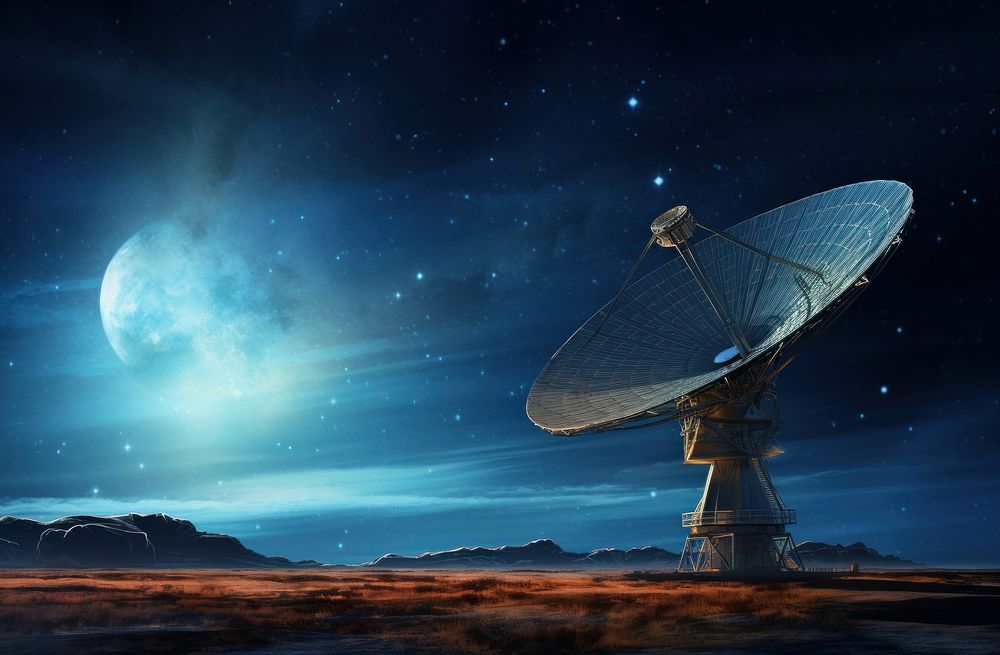 Large reflector antenna is sitting in front of a dark sky astronomy outdoors nature. AI generated Image by rawpixel.