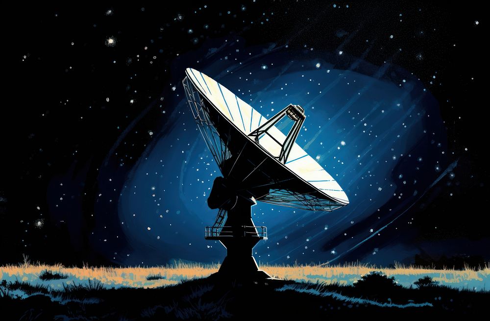 Large reflector antenna is sitting in front of a dark sky star broadcasting technology. AI generated Image by rawpixel.