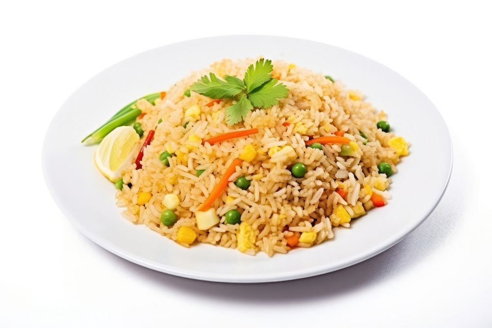 Thai food rice plate white background.