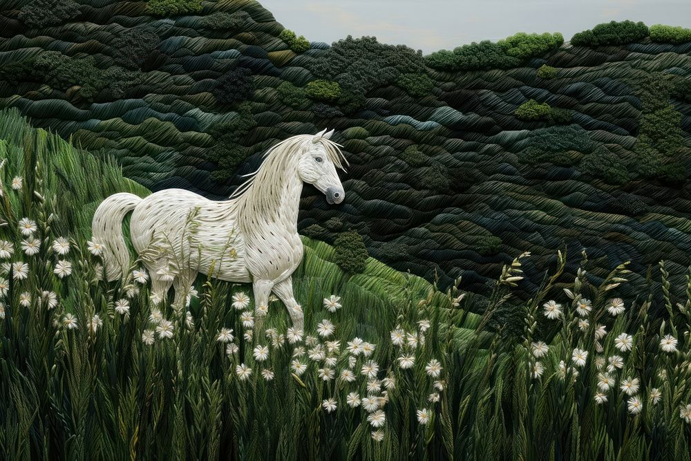 A white horse in green lawn landscape stallion outdoors.