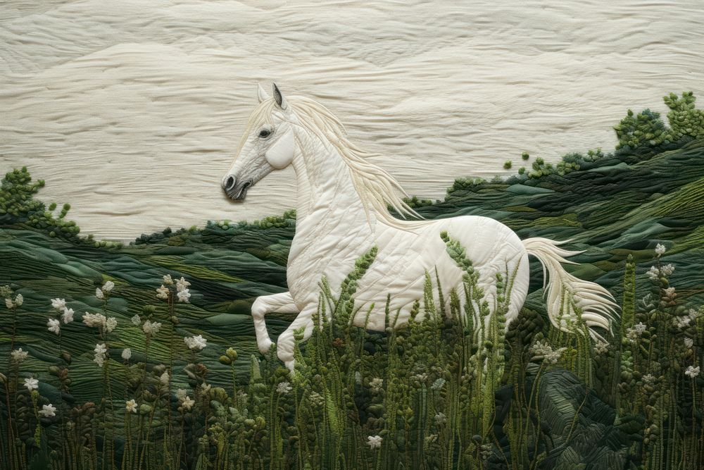 A white horse in green lawn stallion animal mammal.