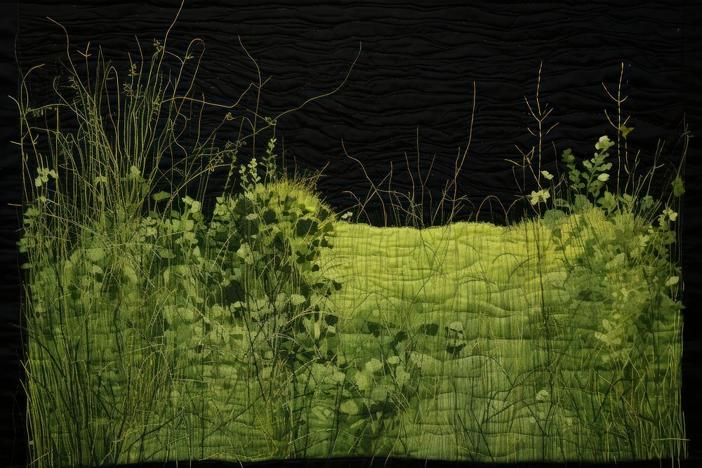 Black cat in green grass land outdoors textile.