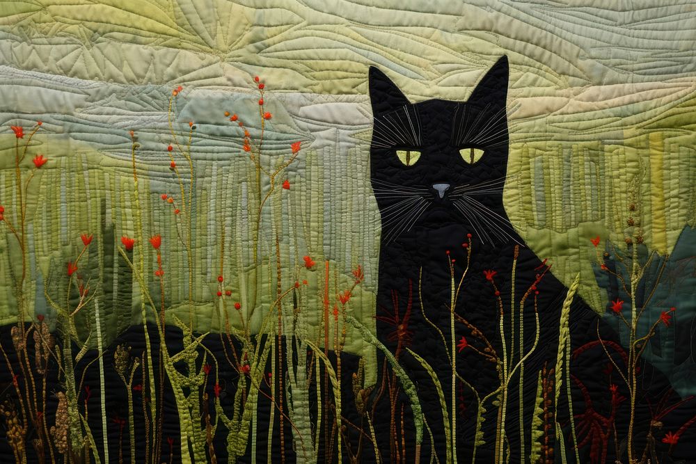 Black cat in green grass textile animal mammal.