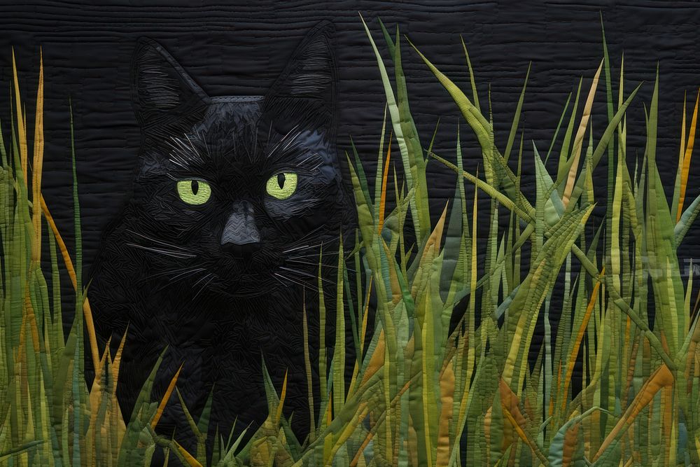 Black cat in green grass animal mammal plant.