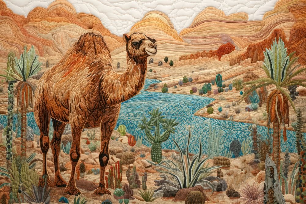 Camel in oasis desert landscape painting animal.