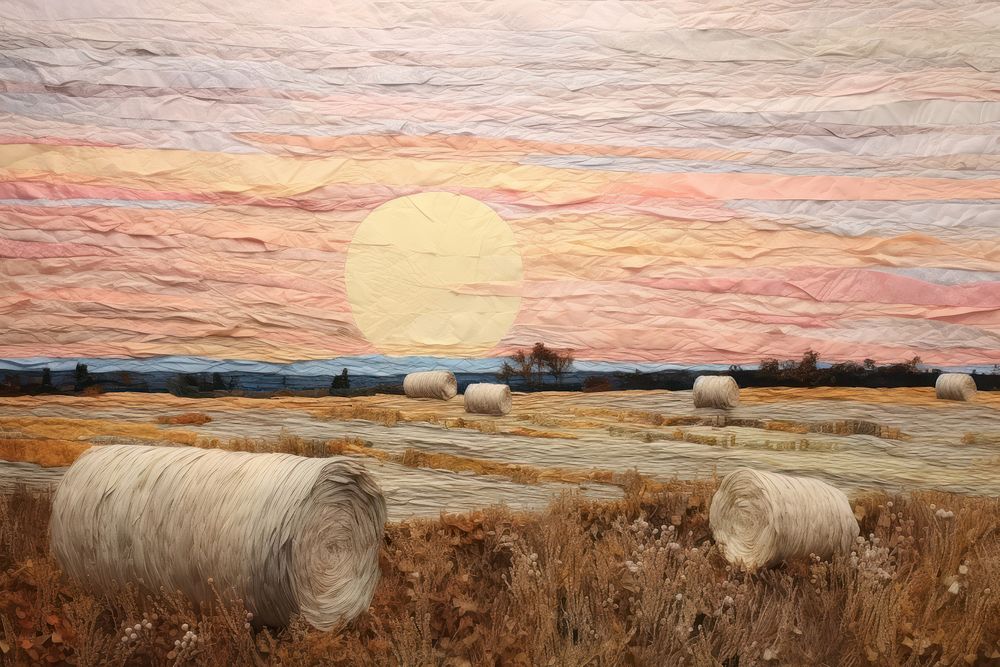 Hay bales and pastel sky landscape outdoors painting.