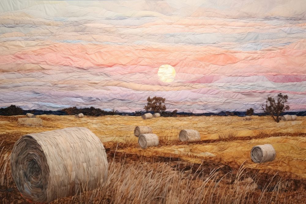 Hay bales and pastel sky landscape hay painting.