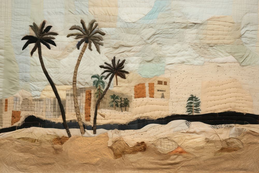 Oasis in desert painting pattern textile.