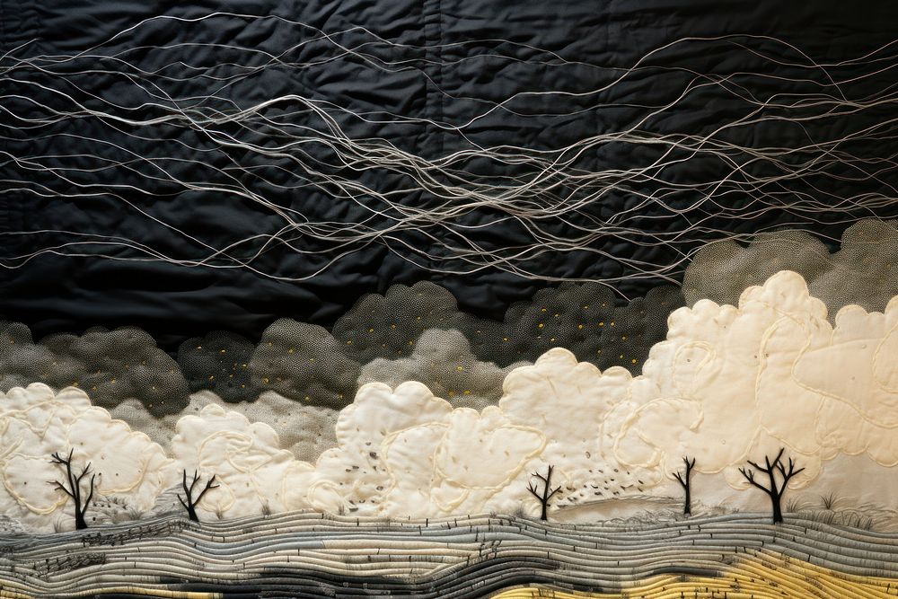 Storm clouds landscape textile art.