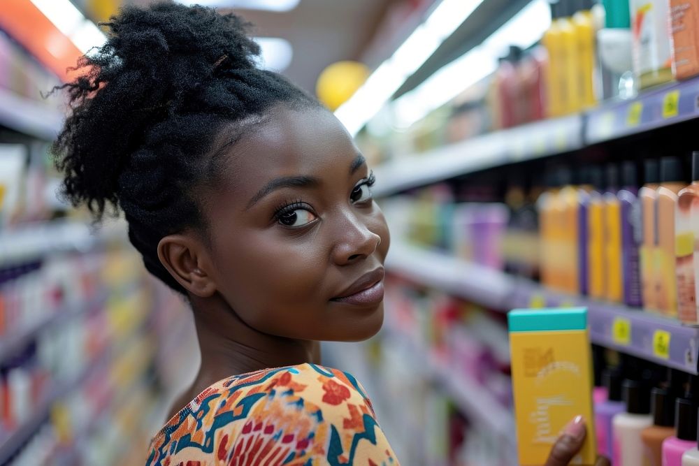 African american woman supermarket buying consumerism.