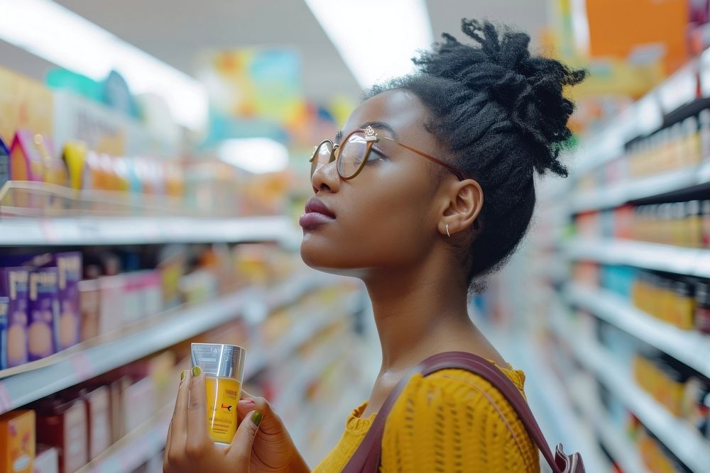 African american woman supermarket consumerism refreshment.