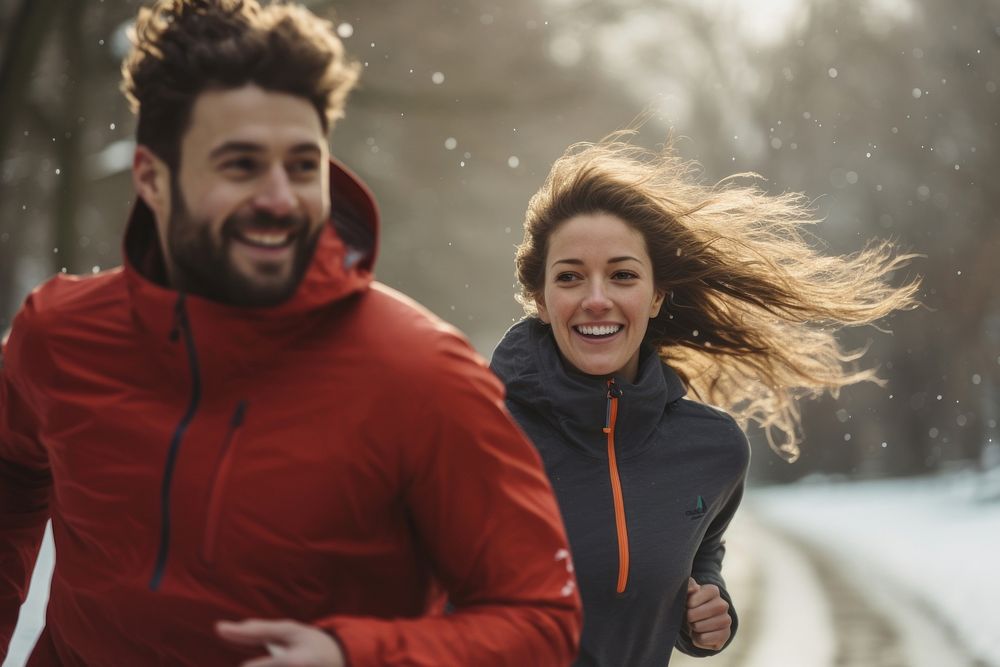 Couple running laughing outdoors winter. AI generated Image by rawpixel.