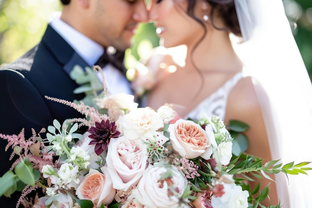 Wedding couple with bouquet flower dress bride.