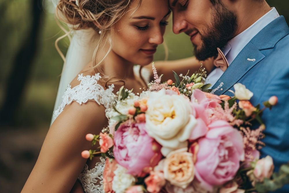 Wedding couple with bouquet fashion flower dress.
