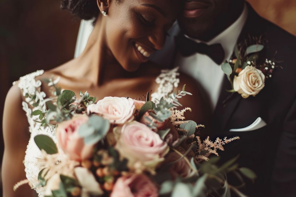 Wedding black couple with bouquet flower bride adult.