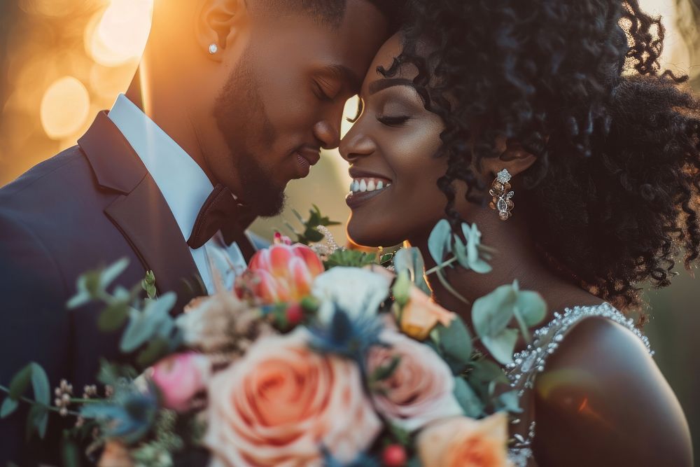 Wedding black couple with bouquet portrait flower bride.