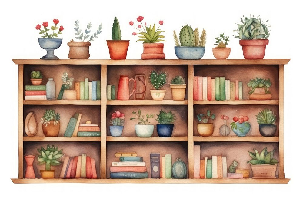 Bookcase bookshelf furniture plant. 