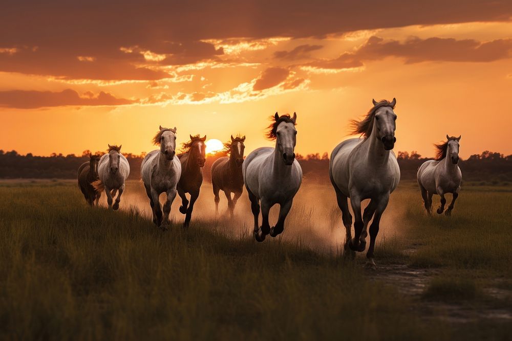 Herd of stallions grassland outdoors running.