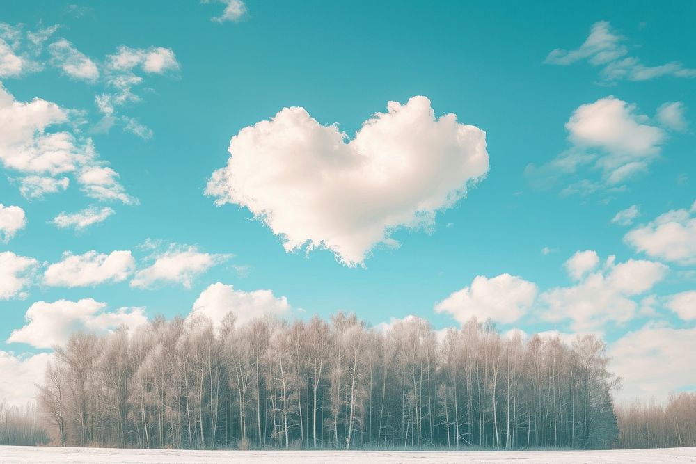 Natural heart shaped clouds in the sky over the winter forest outdoors nature snow.