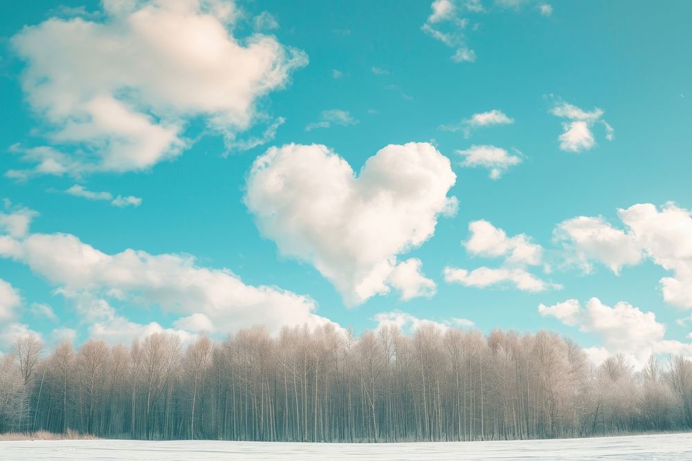 Natural heart shaped clouds in the sky over the winter forest backgrounds outdoors nature.