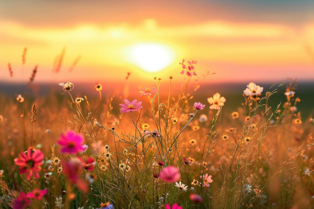Wild flowers against sunset landscape grassland sunlight.