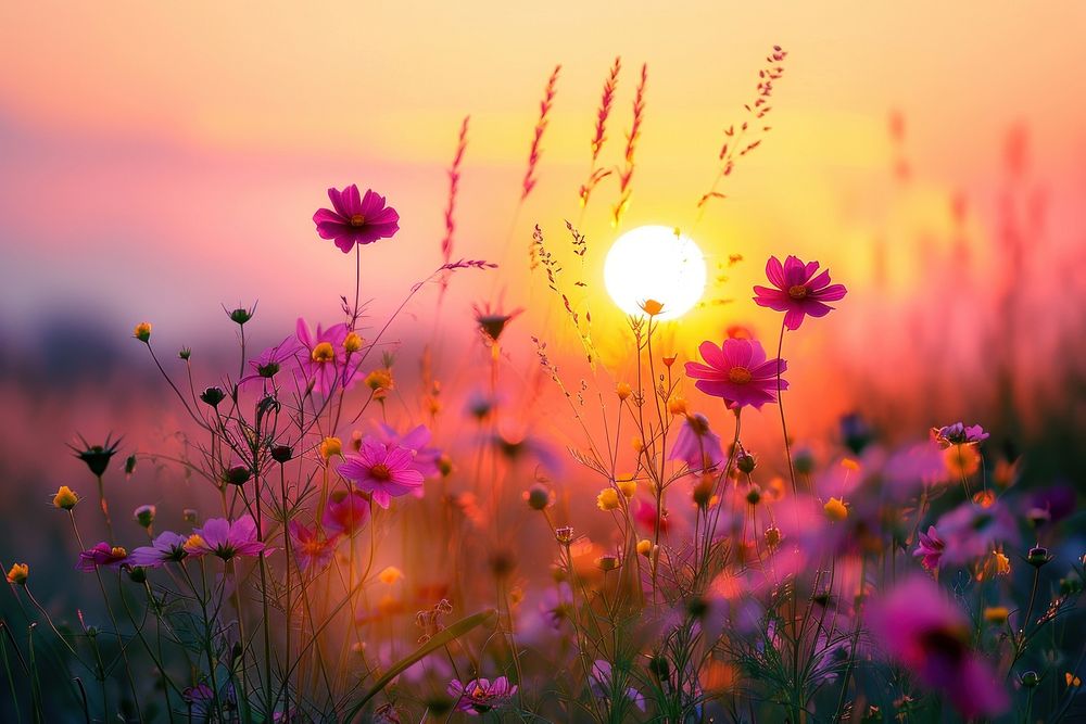 Wild flowers against sunset landscape sunlight outdoors.