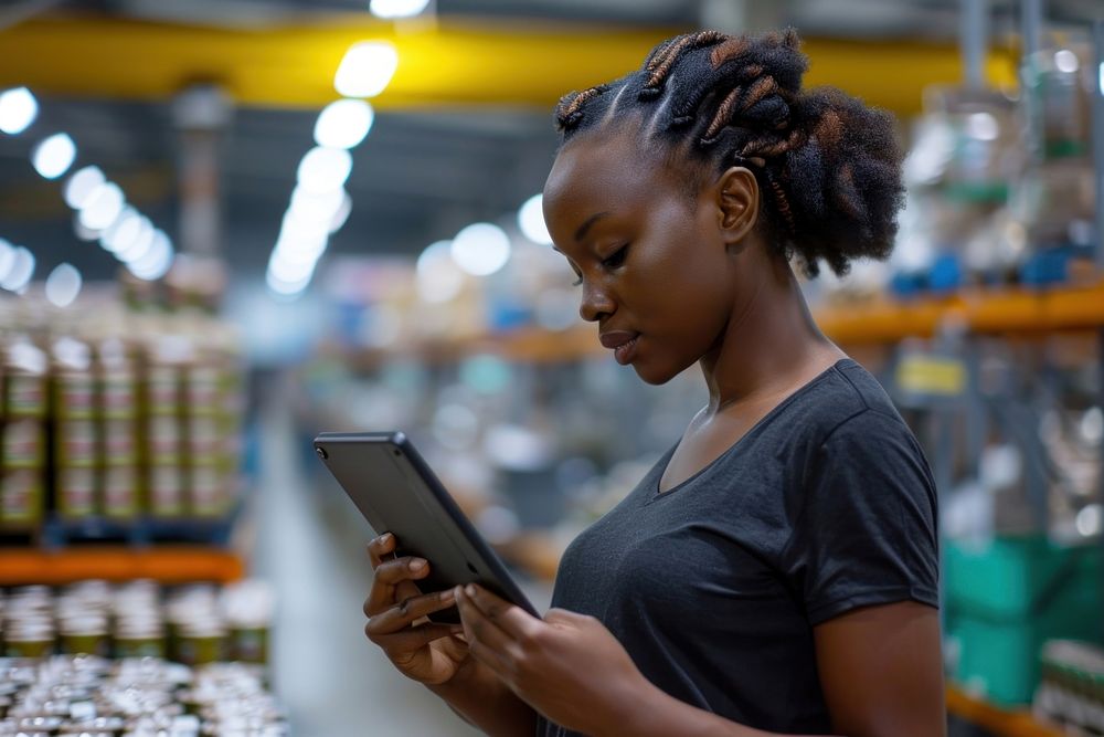 African american woman working supermarket technology.