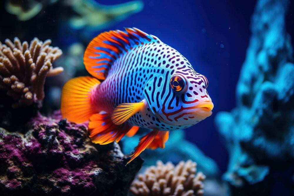 Spotted tropical fish aquarium outdoors swimming.