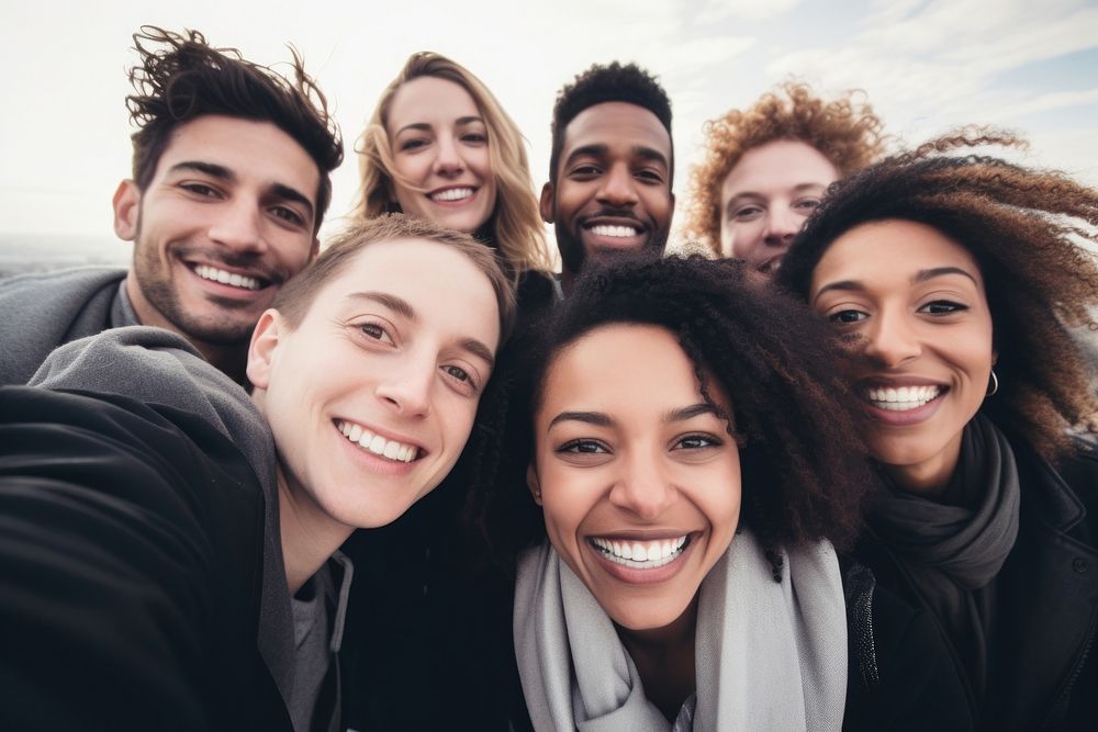 Group of diversity friends taking selfie photo laughing adult togetherness. AI generated Image by rawpixel.