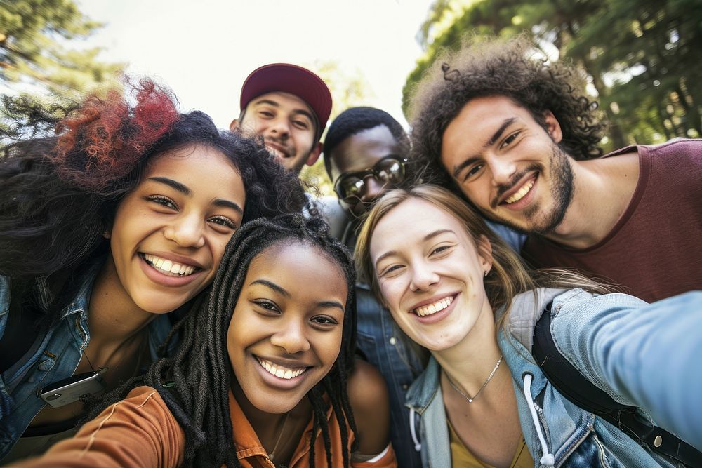 Group of diversity friends taking selfie photo laughing adult togetherness. AI generated Image by rawpixel.
