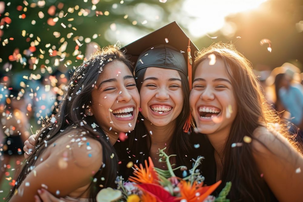 Three college graduations girls celebrating laughing portrait adult.
