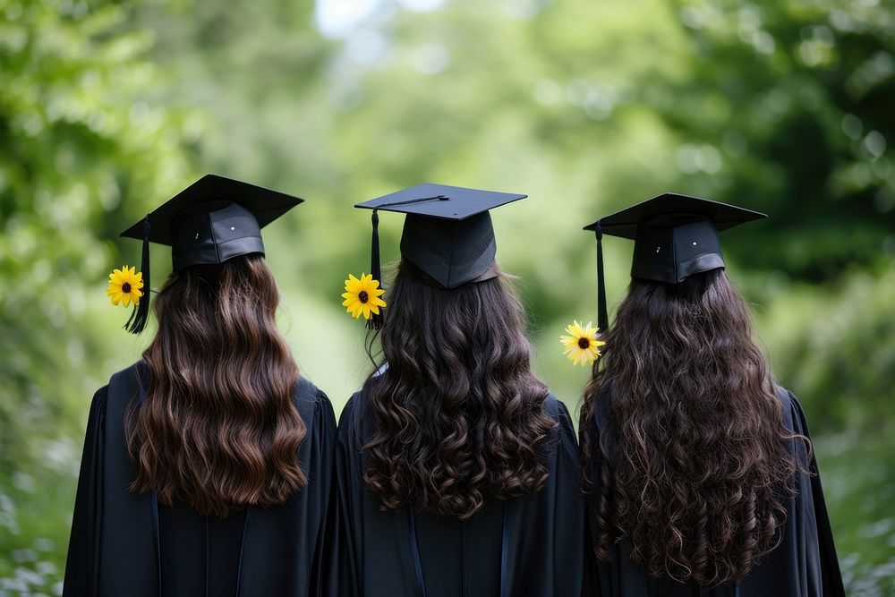 Three college graduations girls celebrating student adult back.