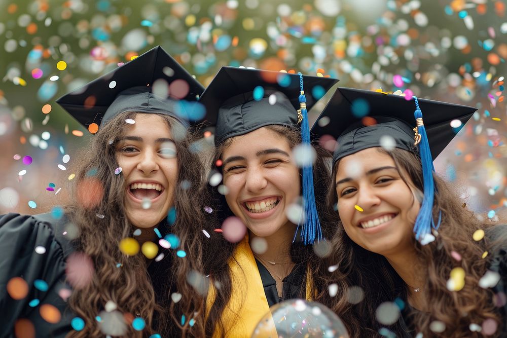 Three college graduations girls confetti togetherness intelligence.