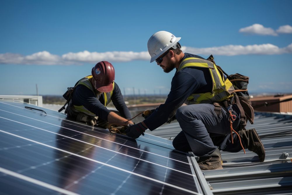 Two staff setting solar cell helmet adult roof. AI generated Image by rawpixel.