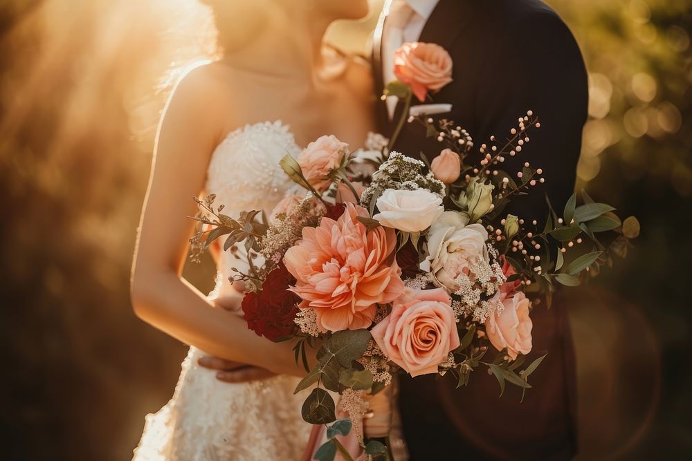Wedding asian couple with bouquet flower plant bride.