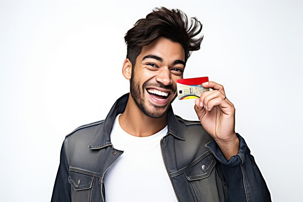 Man holding credit card smiling smile white background.